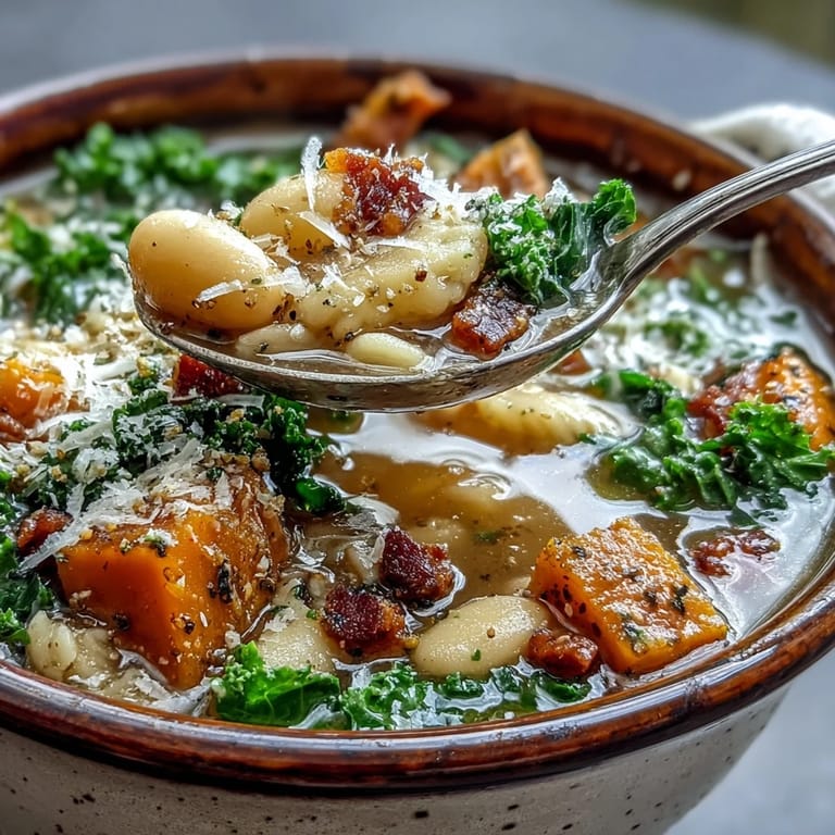 Close up of a ladle serving Fall Minestrone, revealing ditalini pasta and savory pancetta in the rich broth.