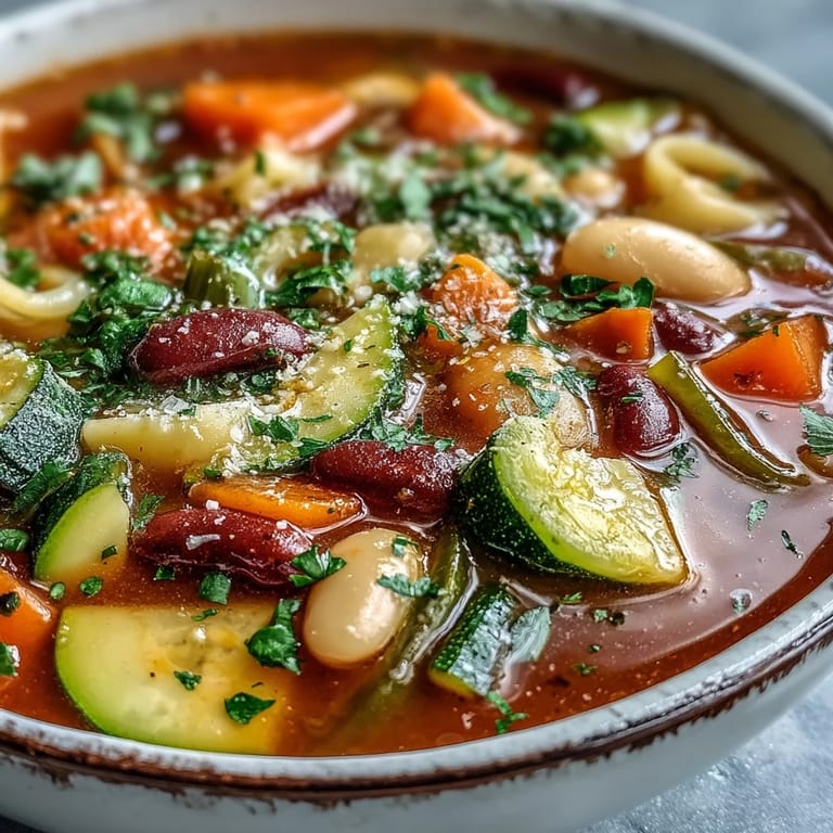 Colorful vegetables in a tomato broth, Minestrone Soup topped with Parmesan and parsley.