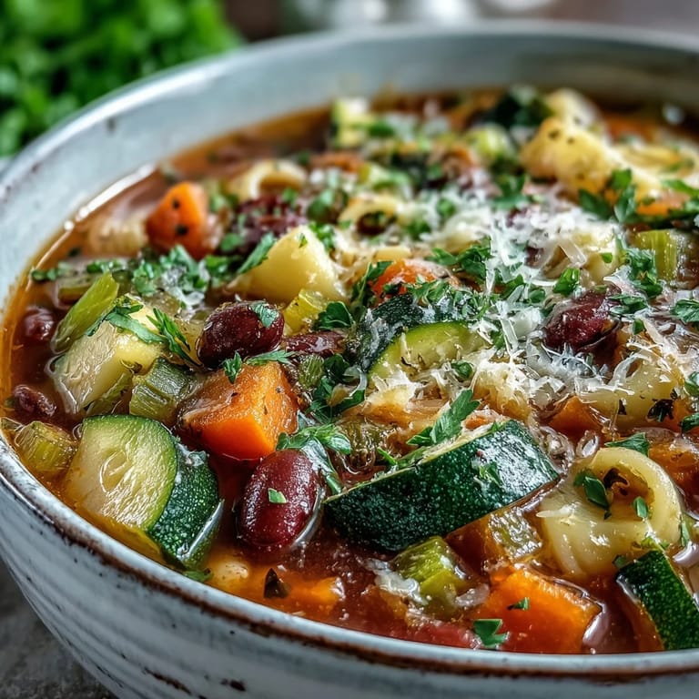 Homemade Minestrone Soup ladled into a bowl, garnished with olive oil and fresh herbs.