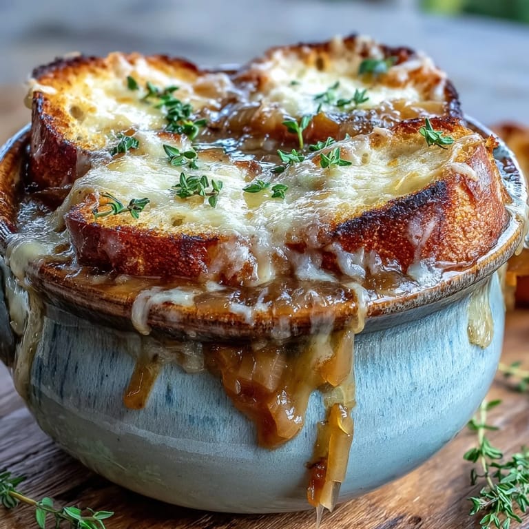 Serving bowl of homemade French Onion Soup with thyme garnish, featuring rich brown broth and gooey cheese.