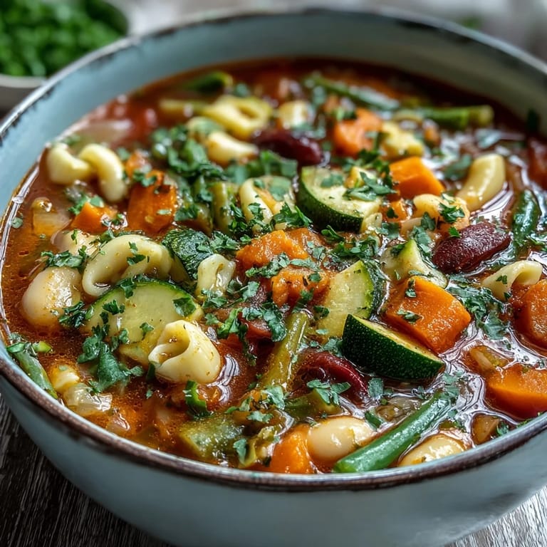 Comforting Minestrone Soup served in a white ceramic bowl with crusty artisan bread for dipping on the side.