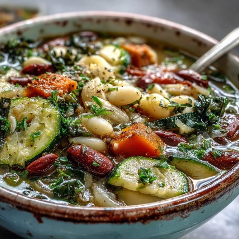 Close-up of hearty Winter Minestrone Soup featuring colorful vegetables and beans in a savory broth.