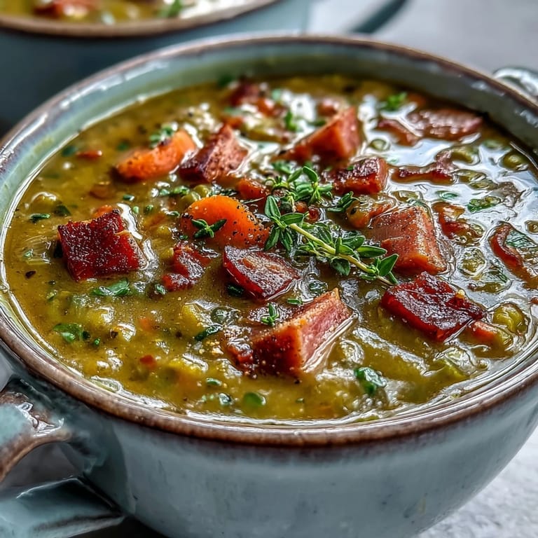 Thick, savory Split Pea and Ham Soup in a rustic pot, showcasing tender peas and shredded ham in rich broth.