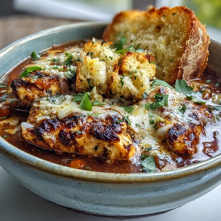 A ladle lifts savory Grilled Chicken Parmesan Soup, revealing tender veggies and golden garlic croutons in the broth.