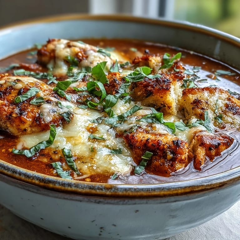 Served hot, Grilled Chicken Parmesan Soup features gooey mozzarella, Parmesan, and grilled chicken in a rich tomato base.