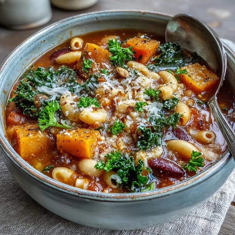 Close-up of Winter Minestrone Soup With Butternut Squash and Kale, showcasing colorful beans and pasta in a hearty Italian serving. 