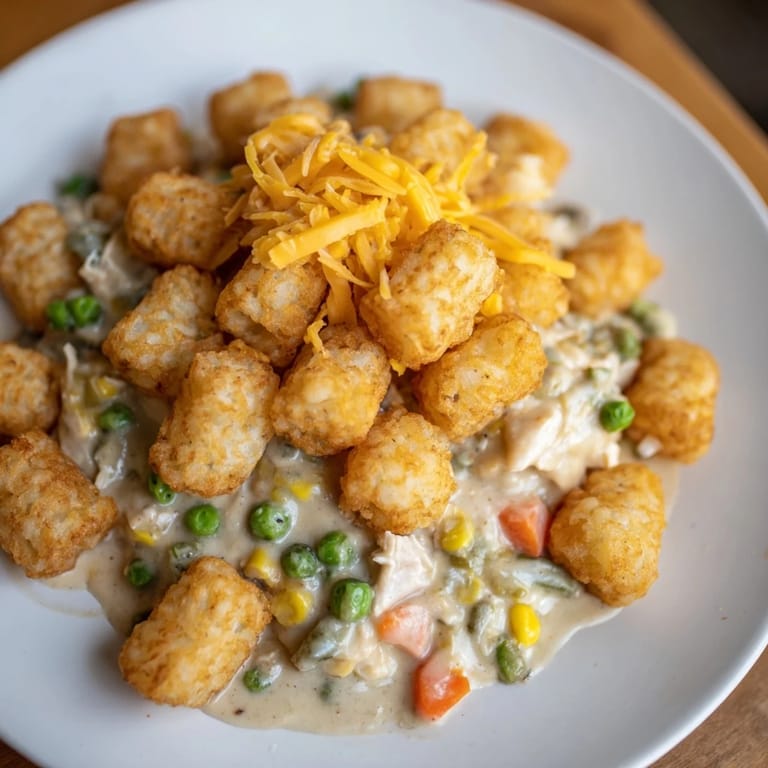 This comforting homemade Tater Tot Chicken Pot Pie is a budget-friendly family favorite dinner.