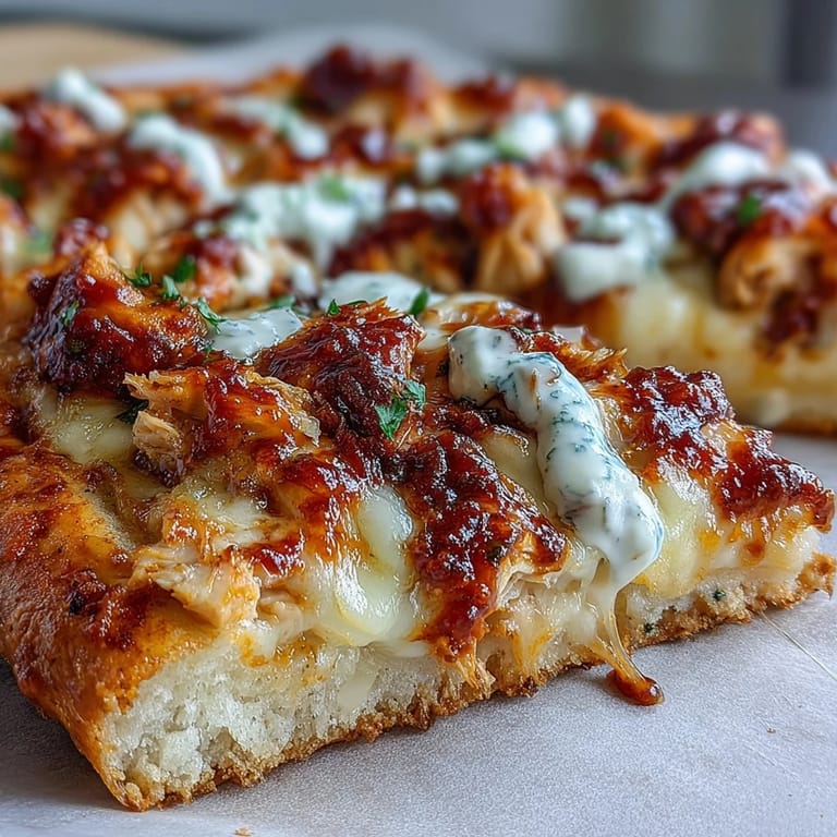 A close-up of Buffalo Chicken Pizza featuring shredded chicken, ranch drizzle, bubbling cheese, and a crispy edge, served on a rustic wooden board.  