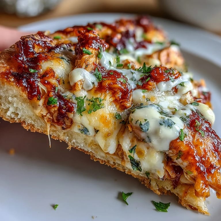 A delicious slice of Buffalo Chicken Pizza being lifted, revealing layers of spicy buffalo chicken, creamy sauce, and gooey cheese on a baked crust.