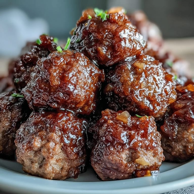 Tender Slow Cooker Peach Glazed Meatballs piled high on a white serving platter, garnished with fresh parsley and ready for a party.