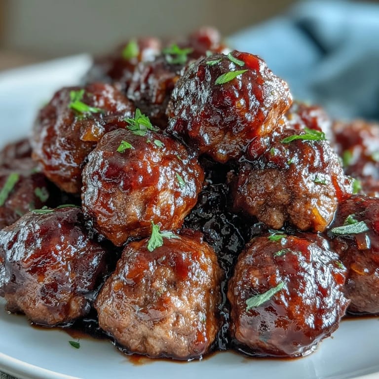 Slow Cooker Peach Glazed Meatballs served over creamy mashed potatoes, featuring juicy beef meatballs coated in a vibrant orange glaze.
