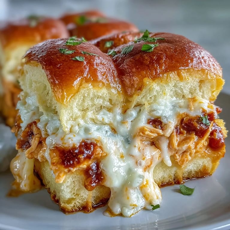 Savory Pizza Dip Sliders offer a game day treat of tender chicken and tangy sauce inside soft rolls.  