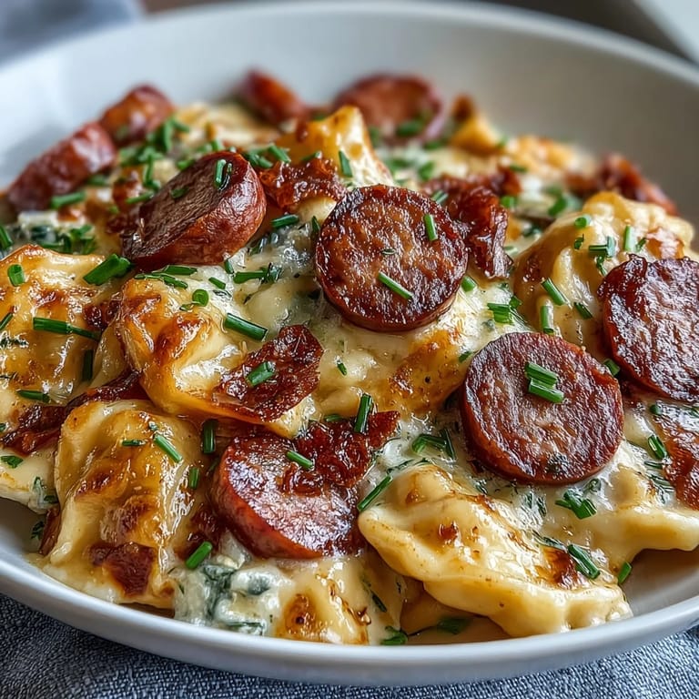 Tender pierogi and sausage in a rich sauce, garnished with fresh chives for a family meal.