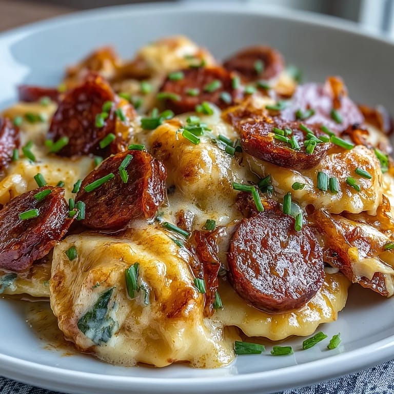 A spoon lifts a serving of cheesy Crockpot Pierogi Casserole With Kielbasa onto a plate.