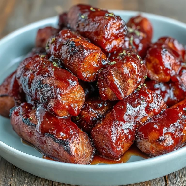 Savory Crock Pot BBQ Cocktail Sausages with apricot jam glaze, perfect party appetizer on a platter.