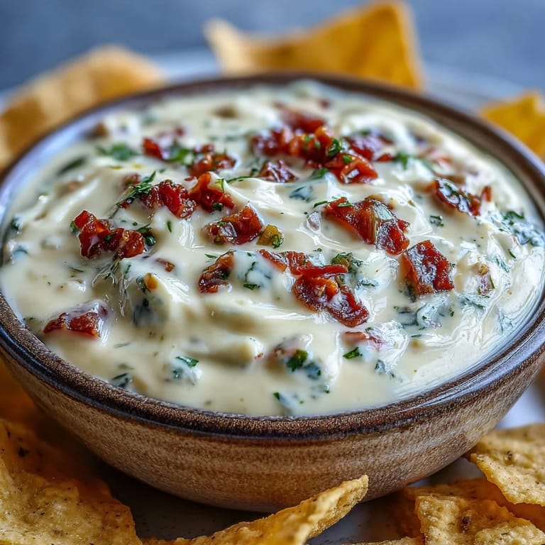 Melted Queso Dip bubbling in a saucepan, Tex-Mex appetizer with spices, paired with crunchy chips.
