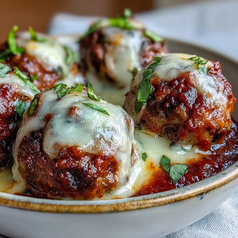 Baked cheesy garlicky meatballs coated in vibrant marinara, garnished with fresh parsley and extra cheese.