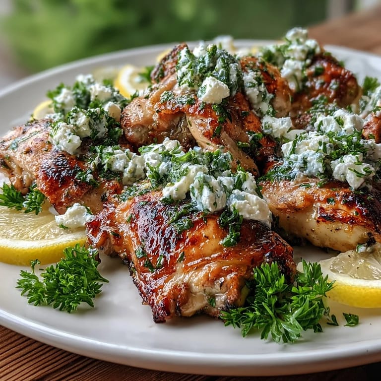 A close-up of Greek Chicken with Lemon and Feta featuring crumbled feta and chopped parsley on golden-brown slices.