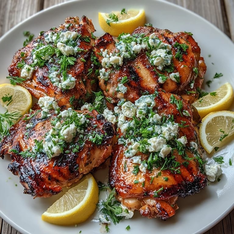 A vibrant platter of Greek Chicken with Lemon and Feta garnished with parsley and lemon wedges, ready to serve.