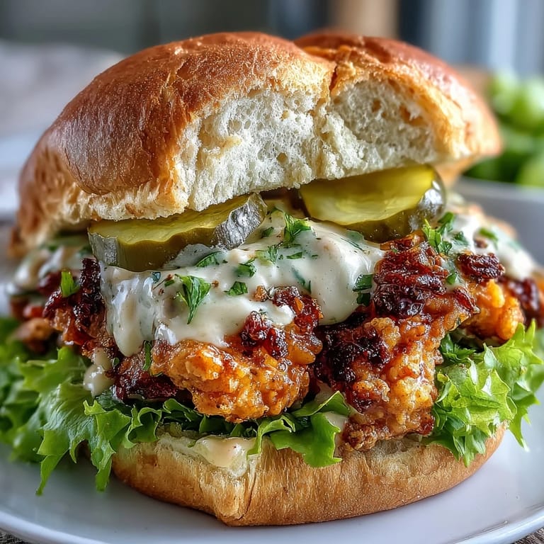 Golden-brown spicy chicken sandwich stacked high with crisp lettuce, juicy tomato slices, and dill pickles on a platter.