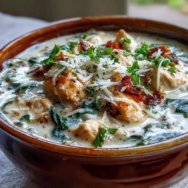A ladleful of golden Garlic Parmesan Chicken Soup reveals tender chicken chunks and wilted spinach in a velvety, aromatic broth.