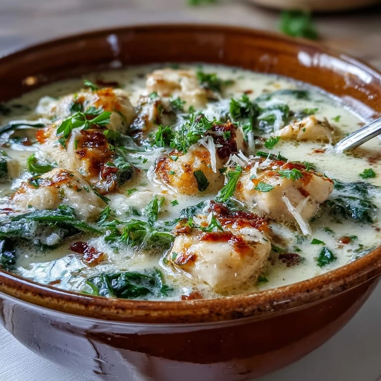 Garlic Parmesan Chicken Soup steams in a white bowl, topped with parsley and cheese, paired with crusty bread for dipping.