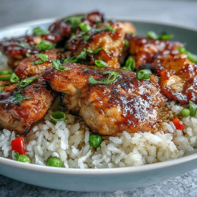 Juicy chicken thighs glazed in sweet honey BBQ sauce mingle with fluffy rice in a skillet.