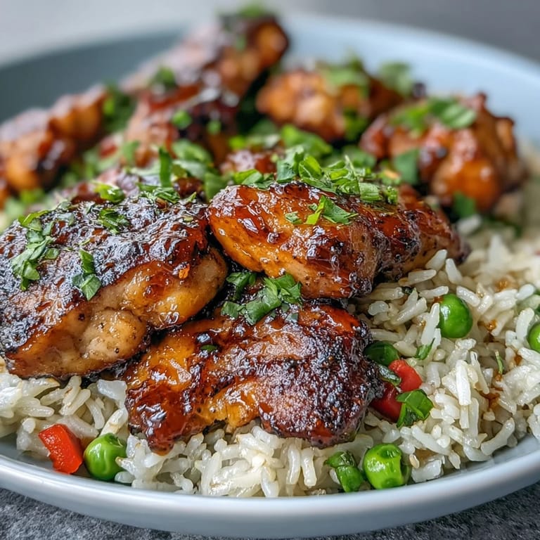 Serve One-Pan Bold Honey BBQ Chicken Rice family-style, garnished with fresh parsley and a squeeze of lime.