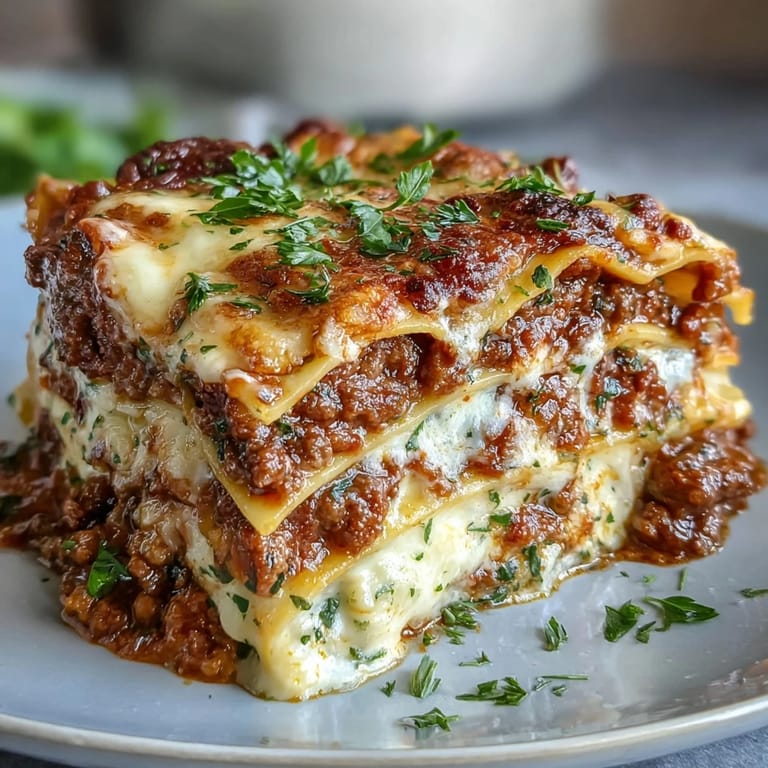 Slices of Worlds Best Lasagna reveal layered pasta, savory meat sauce, and melted cheese on a rustic table.