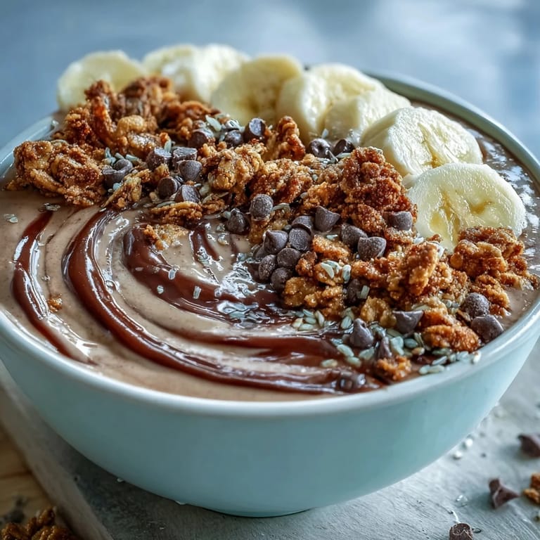 Two vibrant Chunky Monkey Smoothie Bowls topped with fresh bananas, crunchy granola, and drizzled peanut butter.