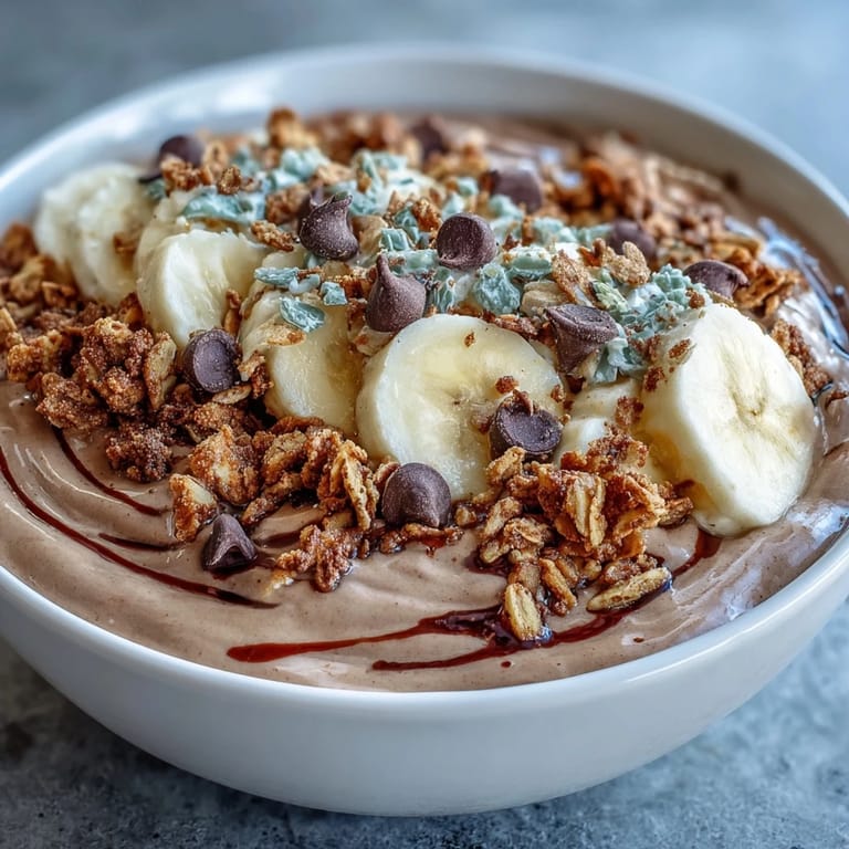 Close-up of Chunky Monkey Smoothie Bowls featuring a rich chocolate base, sliced bananas, and cacao nibs.