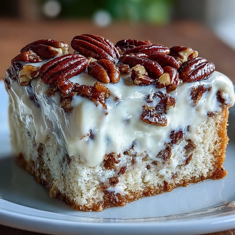 Butter Pecan Tres Leches Cake topped with toasted pecans and drizzles of caramel on a fluffy whipped cream layer in a rustic kitchen.