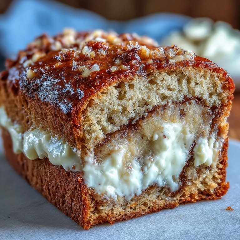 Golden-brown Cream Cheese Cinnamon Swirl Banana Bread loaf topped with cinnamon sugar, served on a white plate.