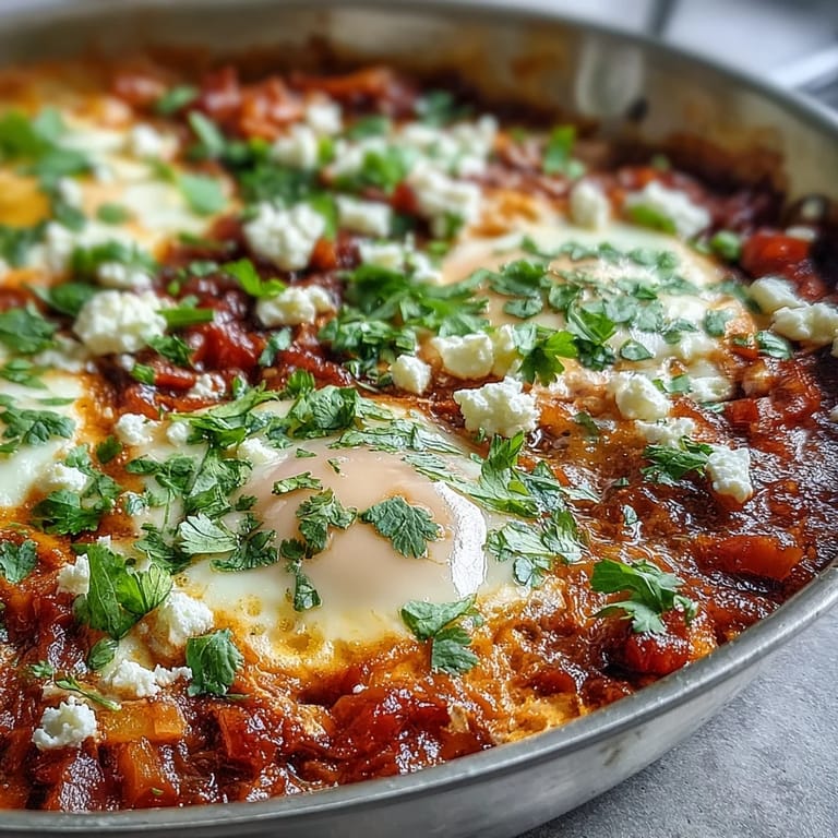 A close-up of a homemade Shakshuka Bowl showing poached eggs and fresh cilantro garnish.