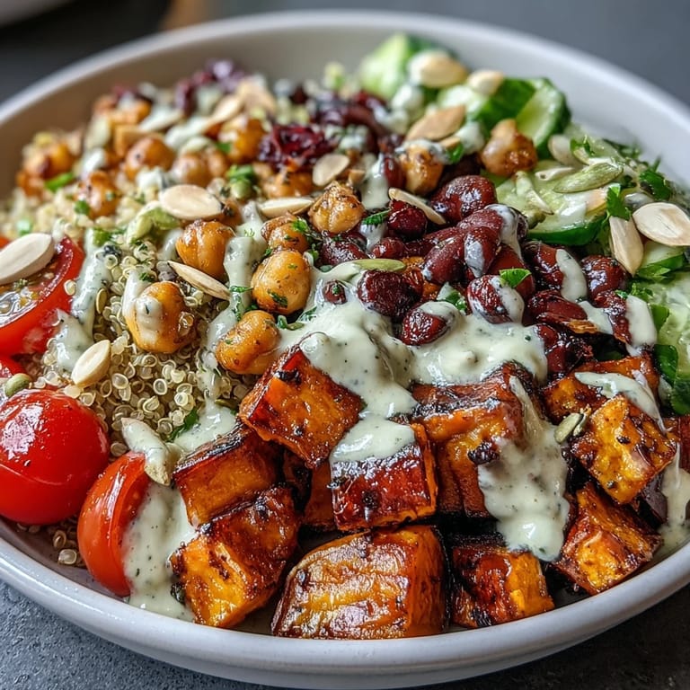 Fresh cherry tomatoes, diced cucumber, and creamy tahini dressing bring juicy crunch and zest to this hearty vegan meal prep bowl. 