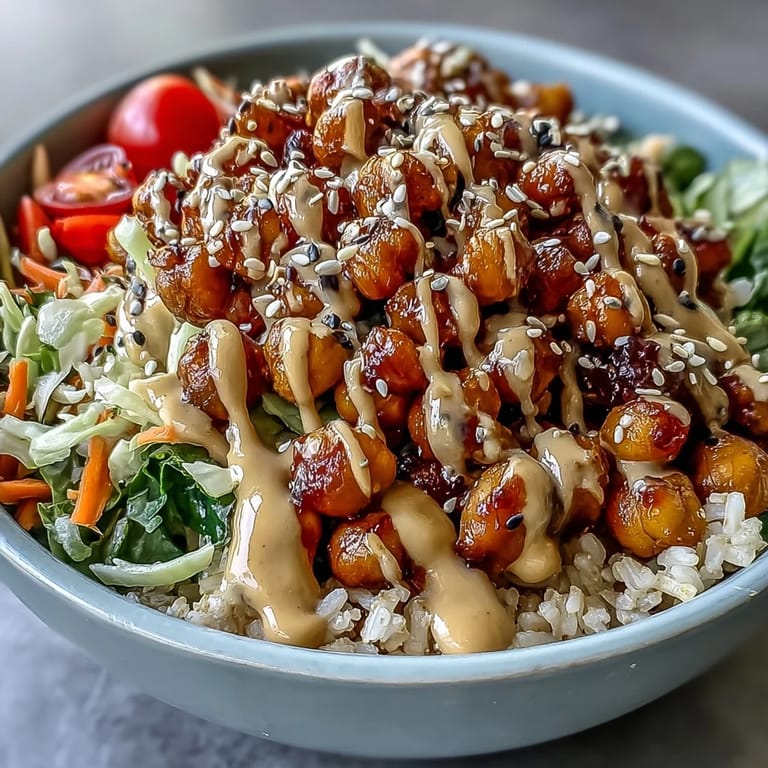 Colorful vegetables and fluffy quinoa form the base of a wholesome Peanut Chickpea Protein Bowl topped with sauce.