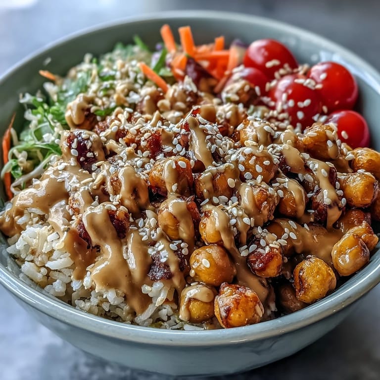 A creamy peanut sauce drizzled over a hearty Peanut Chickpea Protein Bowl makes an inviting dinner for four.