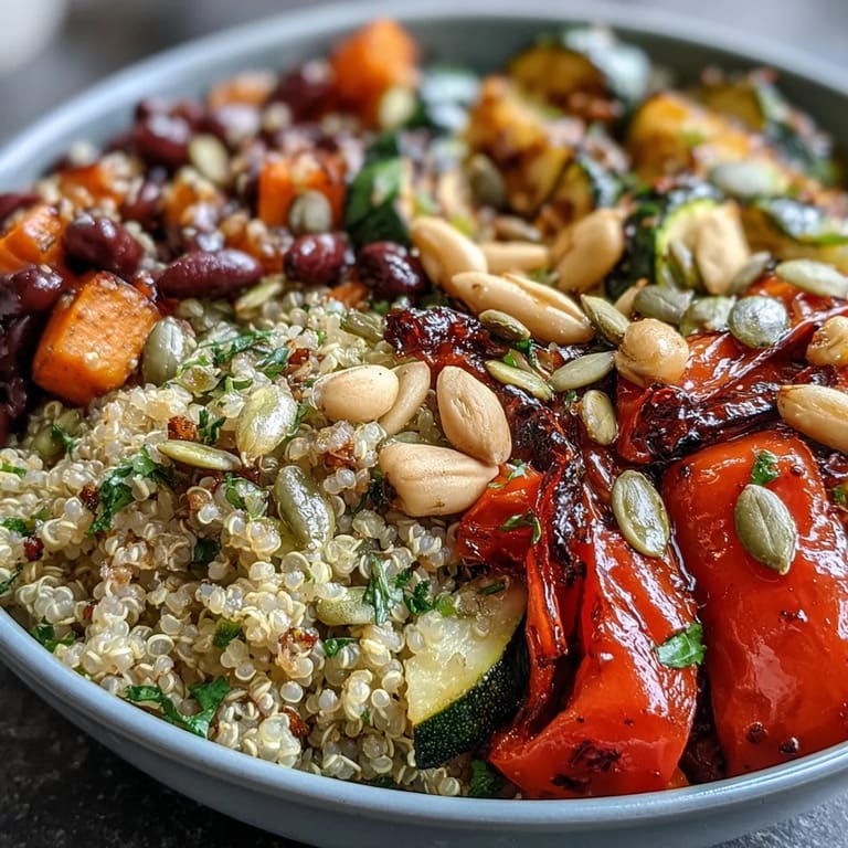 Close-up view of a nourishing Veggie and Quinoa Power Bowl showing pumpkin seeds and fresh herbs on a rustic plate.