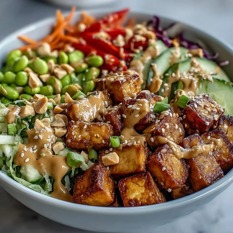 Close-up of a hearty Peanut Tofu Power Bowl featuring golden tofu cubes, colorful veggies, and a rich, glossy peanut drizzle.