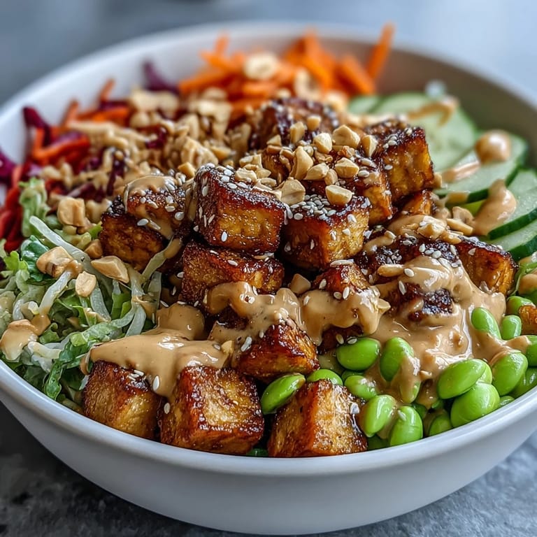 Enjoy a nourishing Peanut Tofu Power Bowl with crunchy peanuts, crisp cabbage, and savory tofu over a bed of warm grains.