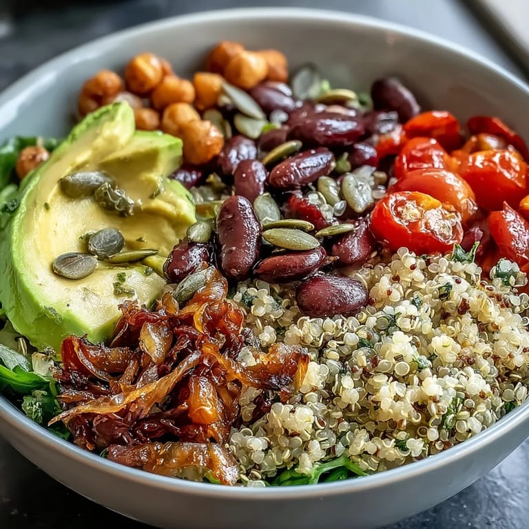 Close-up of the Three-Bean Power Bowl showcasing red bell peppers, cherry tomatoes, and quinoa tossed in a zesty lemon dressing.