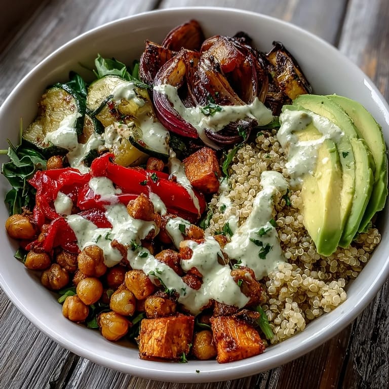 A wholesome vegan Roasted Chickpea Power Bowl with quinoa, avocado, and vibrant roasted vegetables for a hearty meal.