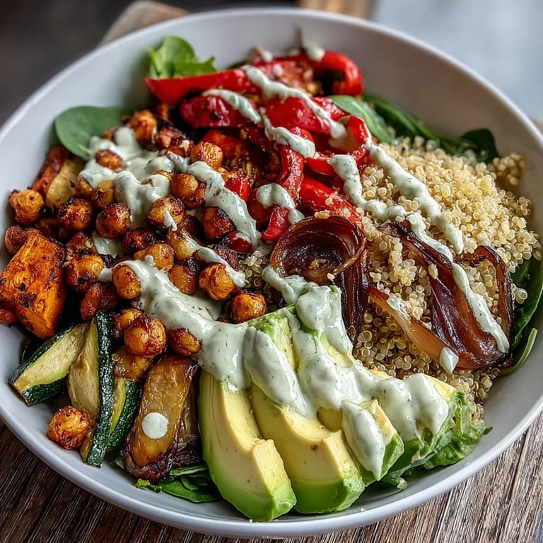 Overhead view of a Mediterranean Roasted Chickpea Power Bowl with spinach, grains, and golden-brown roasted chickpeas.