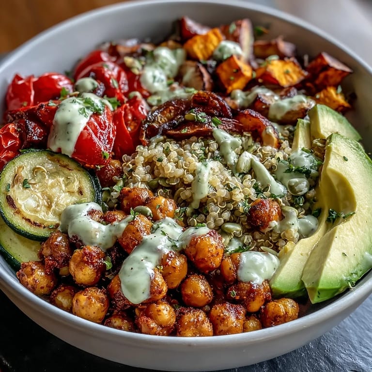 Close-up of a hearty Chickpea Power Bowl showcasing smashed avocado, juicy cherry tomatoes, and toasted pumpkin seeds over wholesome grains.