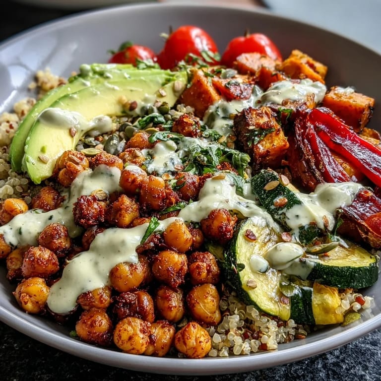 A freshly assembled Chickpea Power Bowl with colorful roasted sweet potatoes and bell peppers, served as a nourishing vegan lunch or dinner.