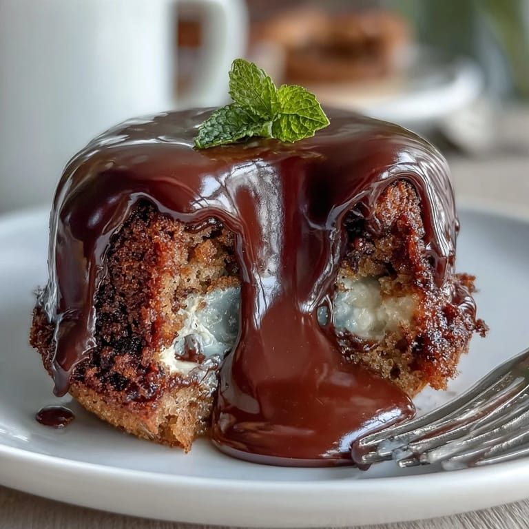 Decadent Hojicha Lava Cake on a ceramic plate, cut open to reveal the earthy white chocolate filling.