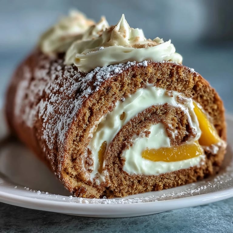 Hojicha Roll Cake on a serving plate, its cross-section showing rich, earthy cream and sweet mango layered within the tender roll.
