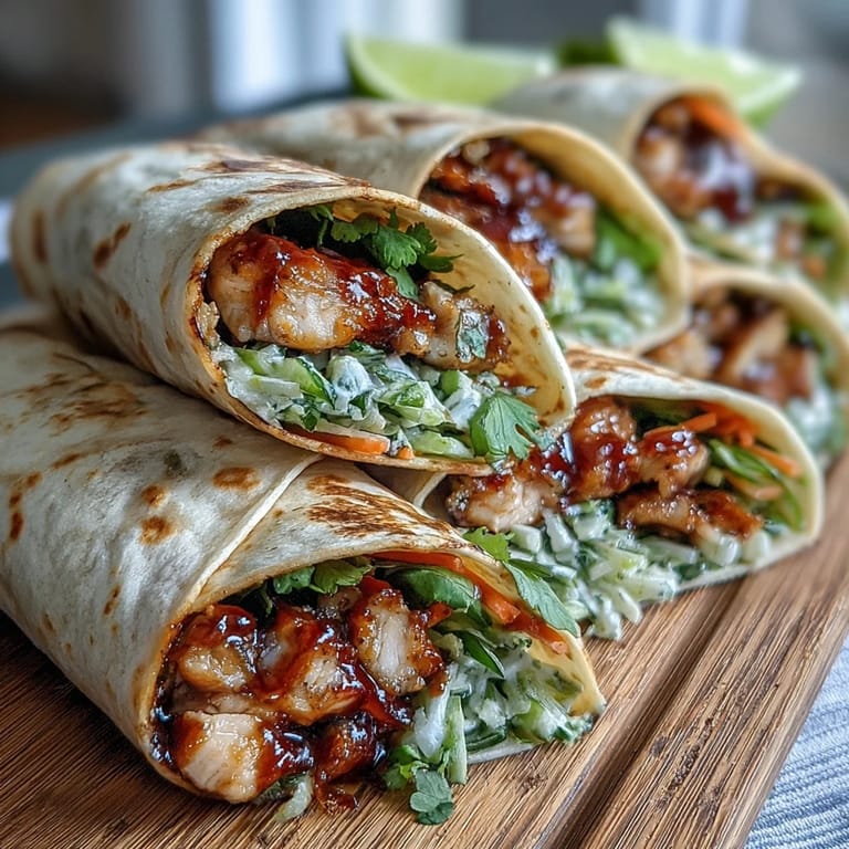 Close-up of Sweet Chili Chicken Wraps garnished with fresh cilantro and lime wedges on a rustic wooden board.