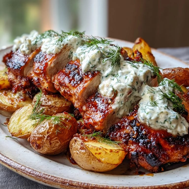 Tender marinated chicken thighs topped with creamy Dill Feta Cream alongside Crispy Baby Potatoes with a side of lemon wedges.