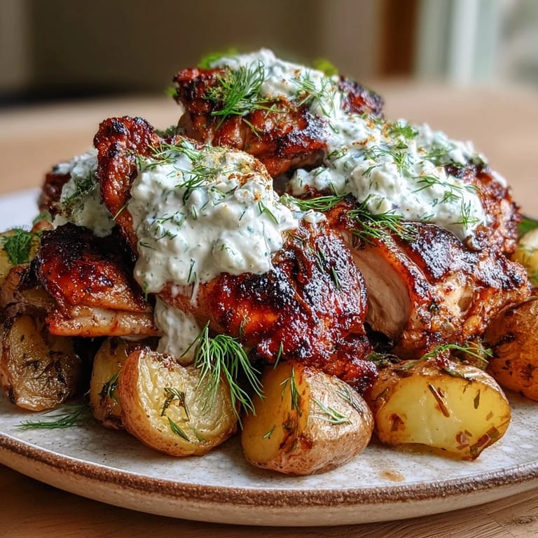 Mediterranean-inspired Spicy Yogurt Marinated Chicken with Dill Feta Cream & Crispy Baby Potatoes plated for a flavorful weeknight dinner.